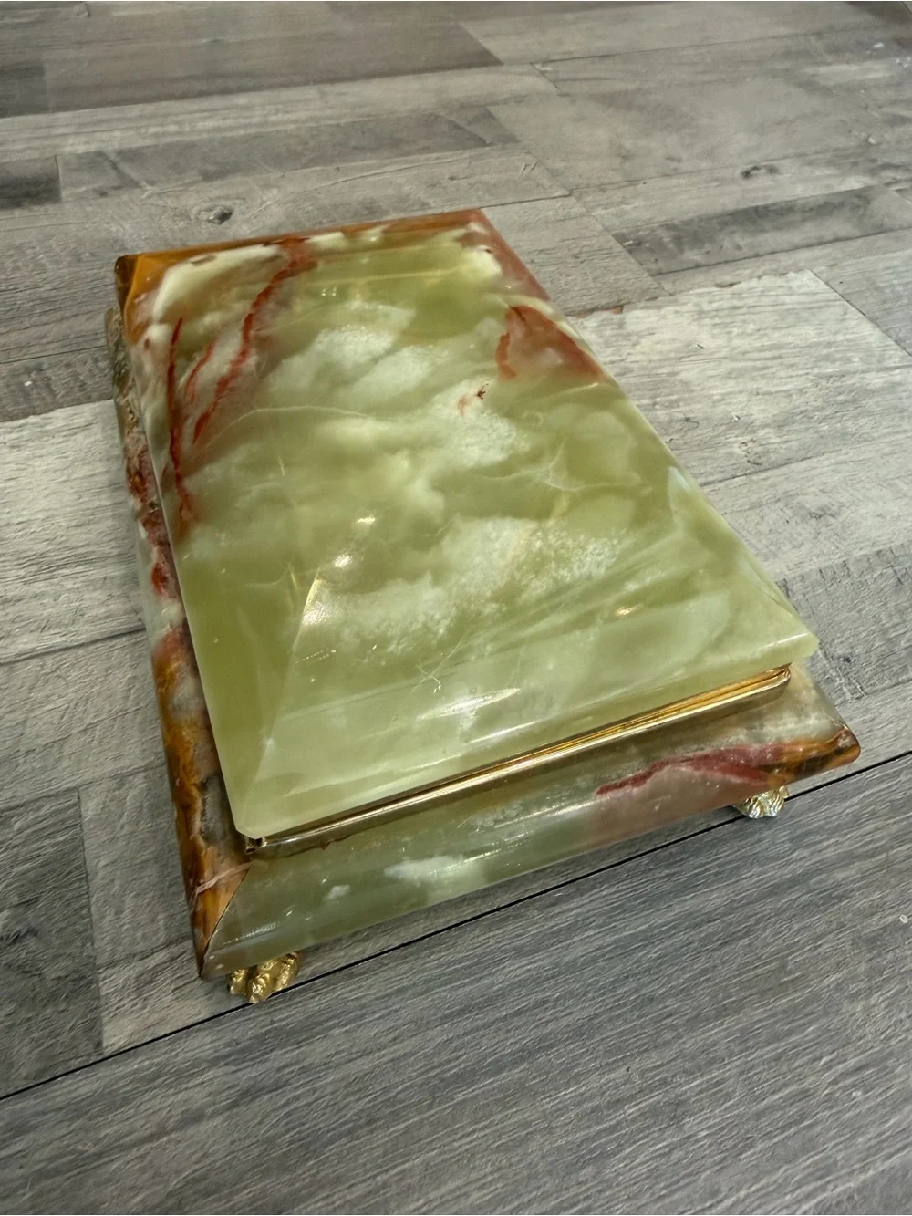 Vintage Green and Brown Onyx marble Italian Jewelry Box with Gold Feet